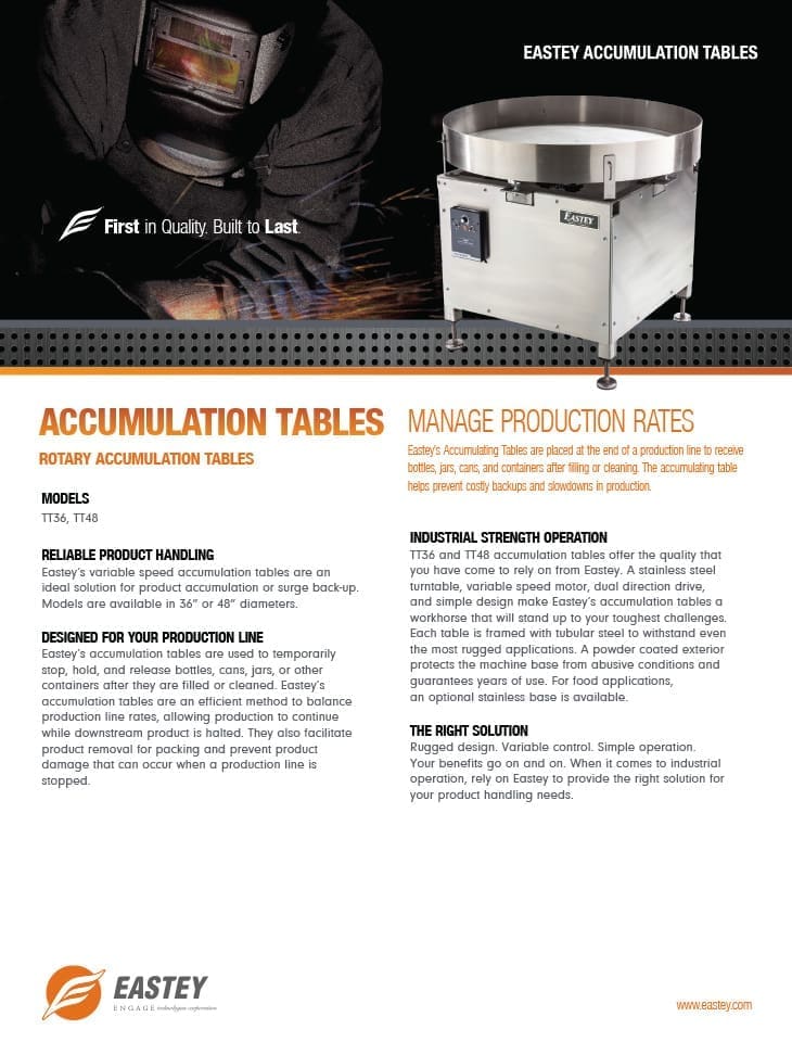 Brochure of the Eastey TT series rotary accumulation table