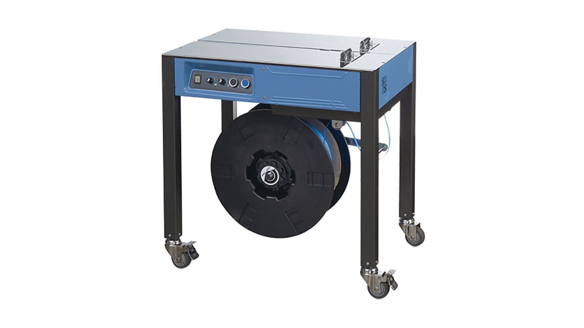 Blue and black strapping machine with wheels.