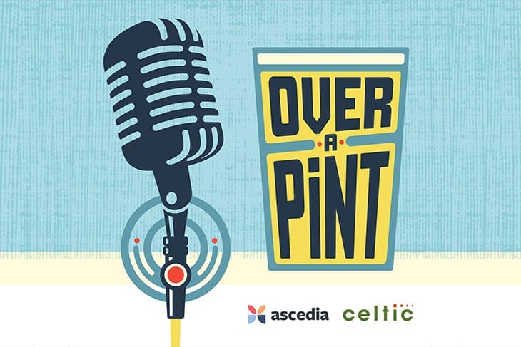 Microphone and pint glass illustration, podcast theme.